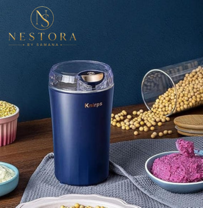 Mini electric spice grinder in blue compact design for kitchen use