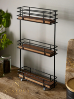 3 tier black metal kitchen spice rack organizer with bamboo shelves