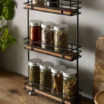 3 tier black metal kitchen spice rack organizer with bamboo shelves