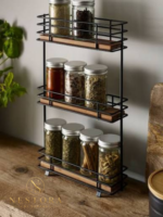 3 tier black metal kitchen spice rack organizer with bamboo shelves