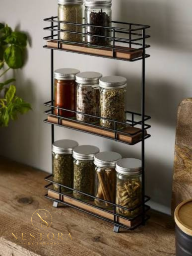 3 tier black metal kitchen spice rack organizer with bamboo shelves