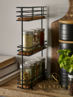 3 tier black metal kitchen spice rack organizer with bamboo shelves
