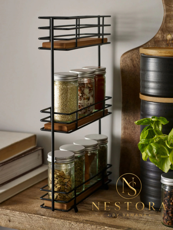 3 tier black metal kitchen spice rack organizer with bamboo shelves