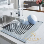 Over sink roll-up dish drying rack for kitchen