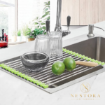 Multipurpose over sink roll-up dish drying rack for drying dishes and vegetables