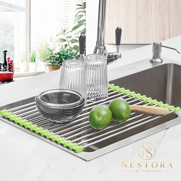 Multipurpose over sink roll-up dish drying rack for drying dishes and vegetables