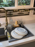 Over sink roll-up dish drying rack for kitchen