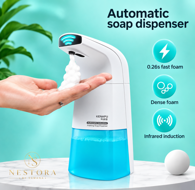 Automatic touchless foaming soap dispenser with transparent blue reservoir