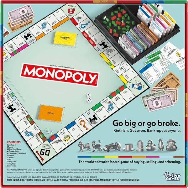 Monopoly board game set with game board cards dice tokens and property pieces